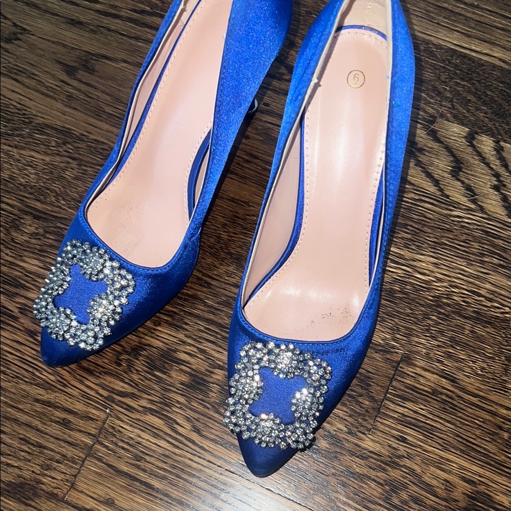 Elegant Blue Satin Women's Shoes with Embellishments